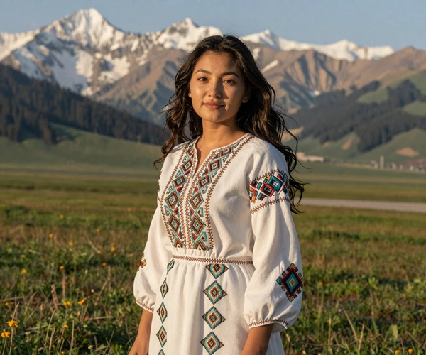 Kyrgyz woman in traditional embroidered dress standing in mountain meadow representing the grace and beauty of Kyrgyz women dating