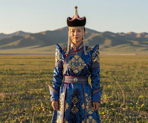 Mongolian woman in elegant traditional deel dress on the steppe representing the beauty and strength central to Mongolian women dating