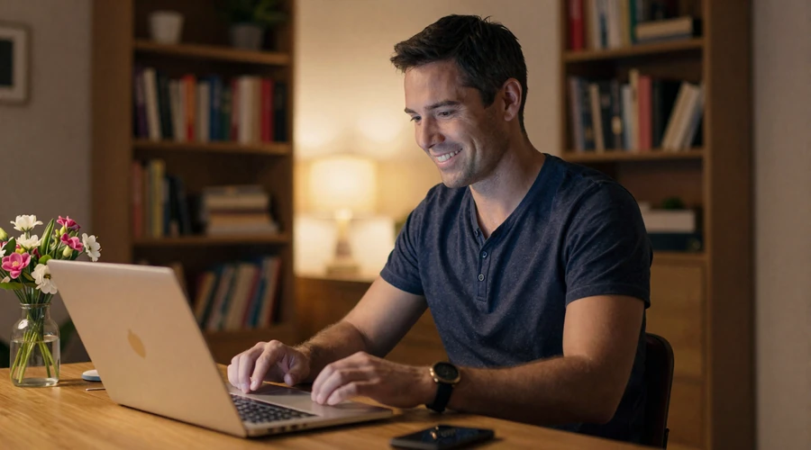 Man having a warm video call with his long-distance Asian girlfriend from his home office - international dating communication tools