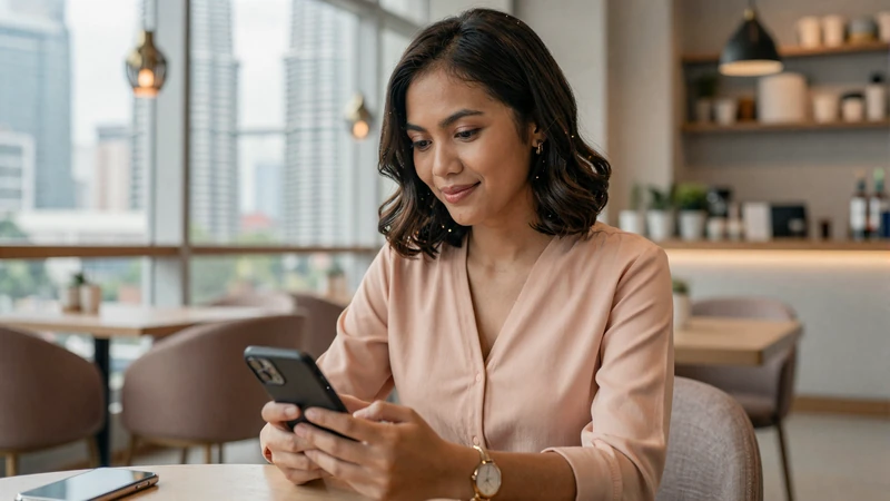Modern Malaysian woman at Kuala Lumpur cafe using smartphone representing the digital dating scene for Malaysian women dating
