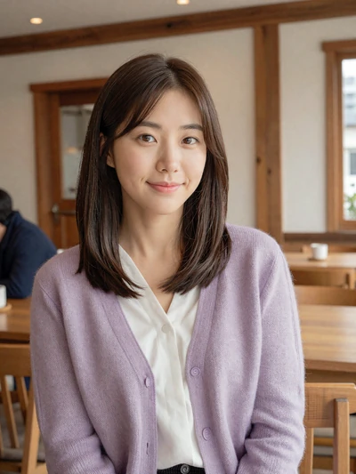 Eunji, 29, Korean woman in lavender cardigan at a Busan cafe - family-oriented Korean dating profile