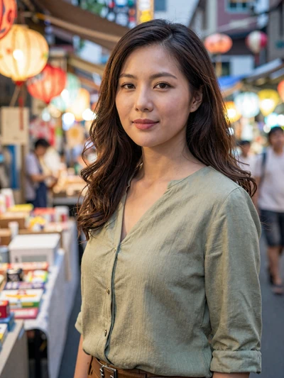 Hsiu-Mei, 32, verified Taiwanese woman in green top at a Taipei night market - safe dating platform