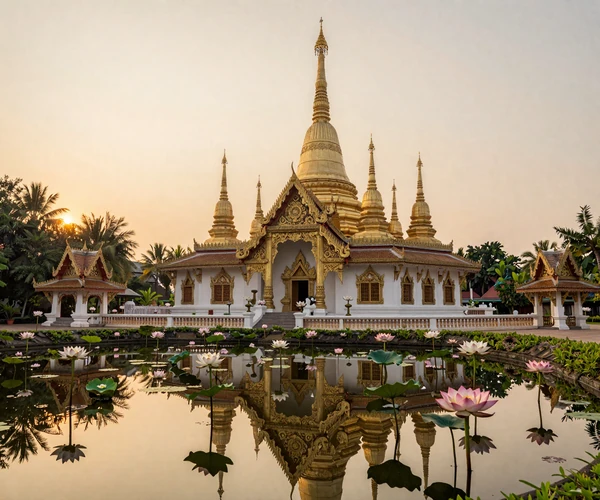 Golden Thai Buddhist temple with lotus pond representing the spiritual values in Thai women dating culture