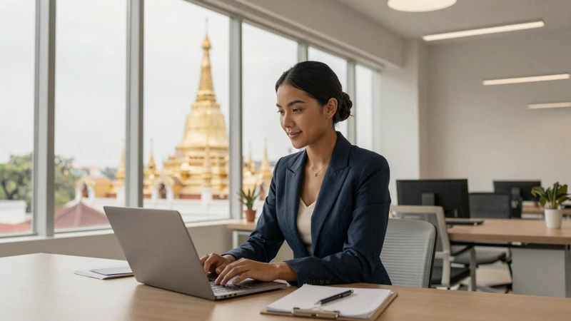 Modern Burmese professional woman working in Yangon office representing the educated career-driven singles in Burmese women dating