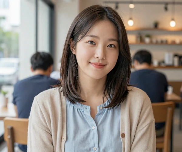 North Korean woman in casual attire at a cafe representing the modern diaspora community central to North Korean women dating