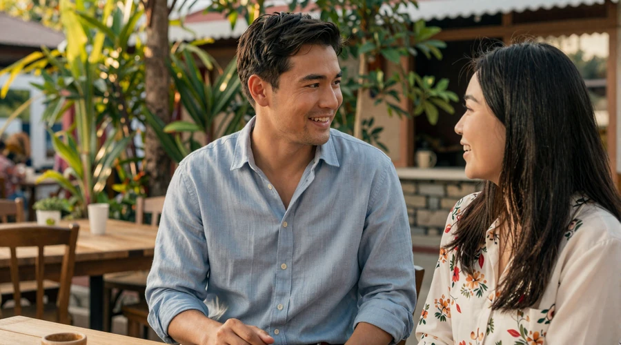 Western man meeting his Asian girlfriend for the first time at a tropical outdoor cafe - first date asian woman guide