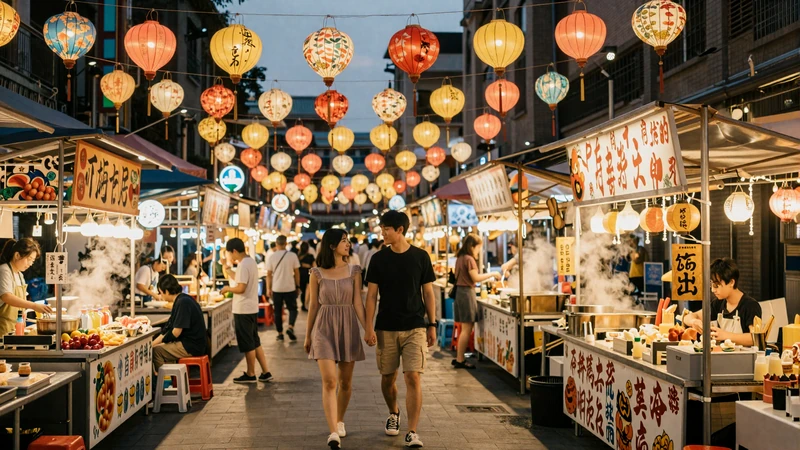 Romantic evening scene at Taipei night market representing the vibrant Taiwanese women dating culture