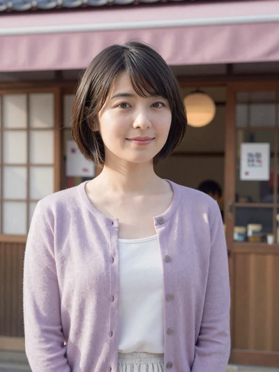 Sakura, 32, Japanese woman in lavender cardigan outside a pastry shop in Osaka - dating profile