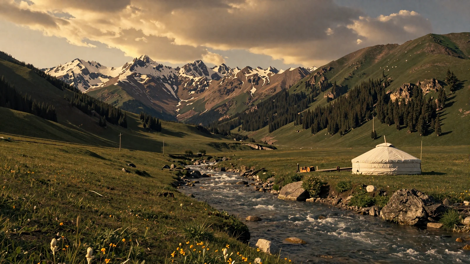 Kyrgyz mountain valley landscape with yurt and Tien Shan peaks representing Kyrgyz women dating culture