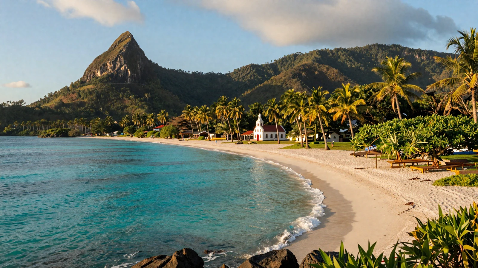 Tropical East Timor coastline with Catholic church on hillside representing Timorese women dating culture and heritage