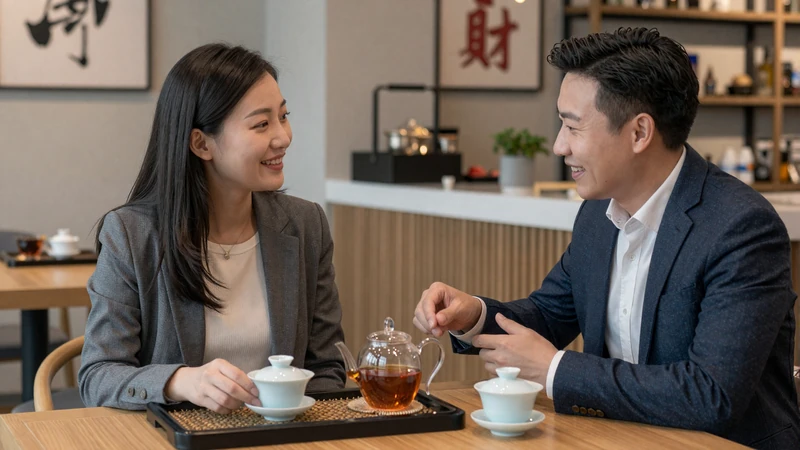 Western man and Chinese woman enjoying tea together in a modern Chinese teahouse representing cross-cultural dating
