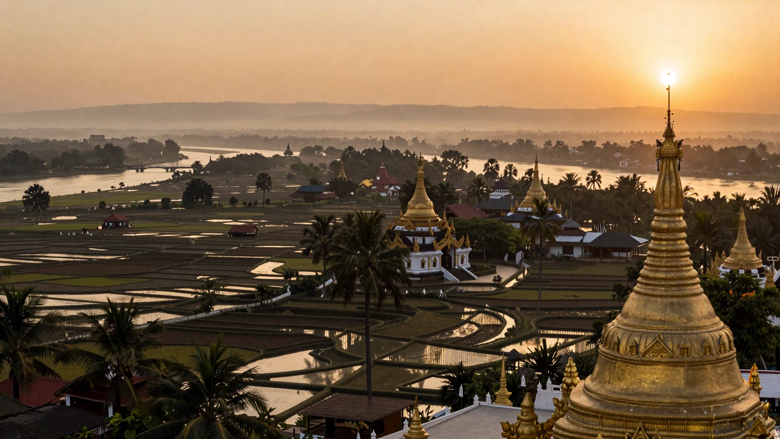Golden Myanmar pagoda landscape at sunset representing the warmth and beauty of Burmese women dating culture