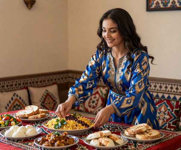 Uzbek woman in traditional atlas silk dress preparing hospitality feast representing warmth central to Uzbek women dating