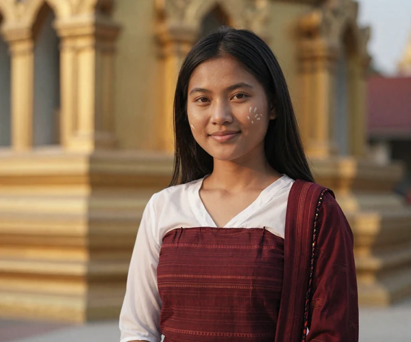 Beautiful Burmese woman wearing traditional thanaka and htamein showcasing the natural beauty central to Burmese women dating