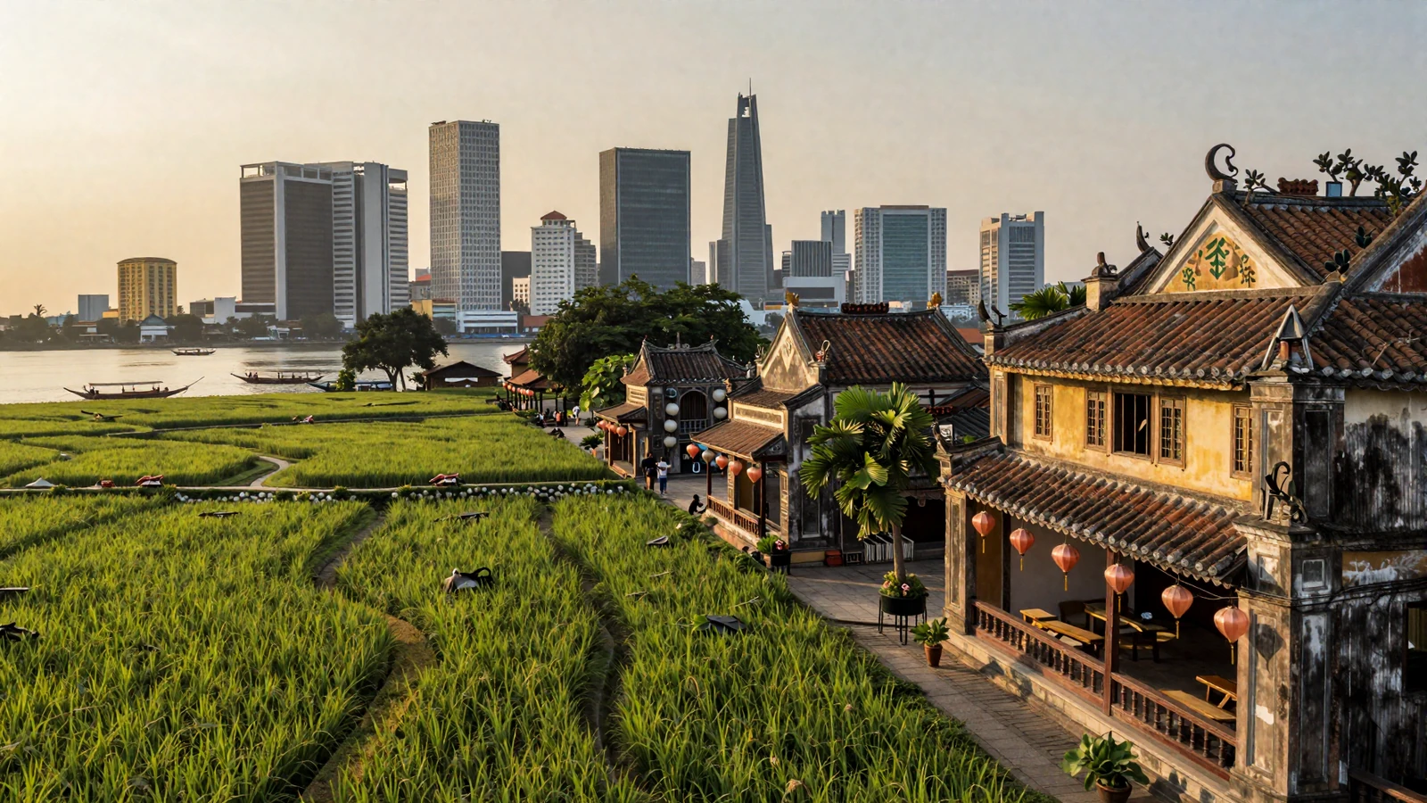 Vietnamese cityscape blending traditional lantern-lit streets with modern skyline representing Vietnamese women dating culture