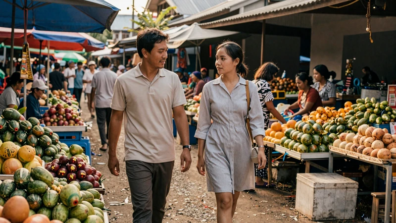 International couple exploring a Cambodian market together representing the journey of Cambodian women dating and cross-cultural connection