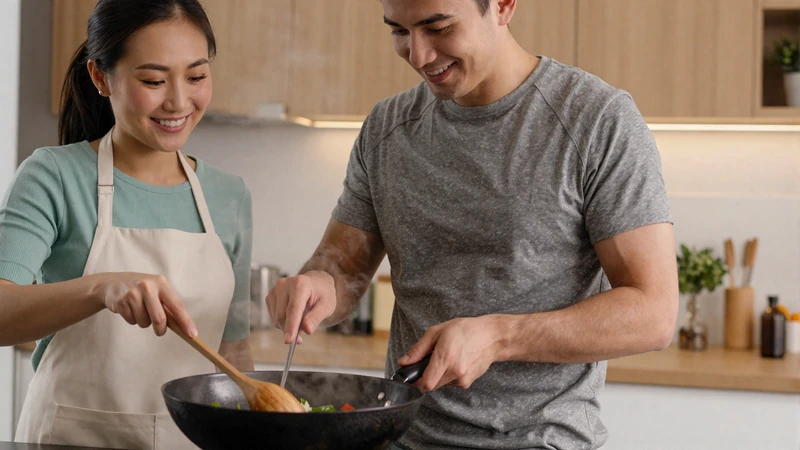 Western man and Asian woman cooking Asian food together in a home kitchen - intercultural dating advice