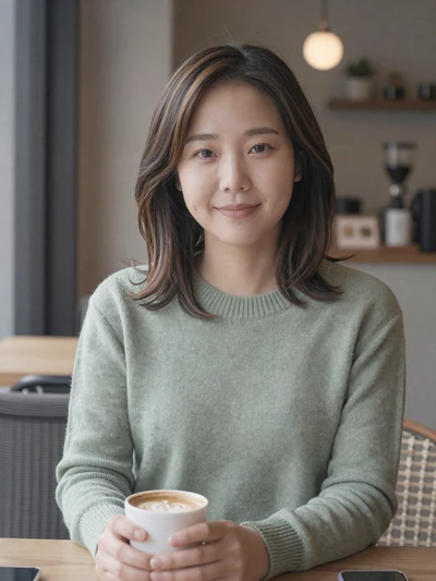 Eunji, 31, Korean woman in green sweater at a cafe - dating Korean women profile