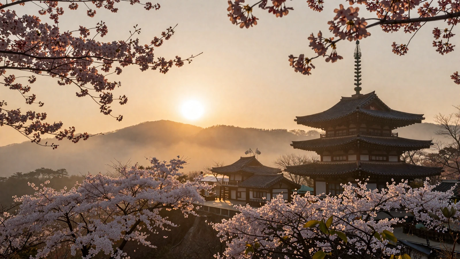 Misty Korean mountain landscape with traditional architecture at golden sunrise representing North Korean women dating heritage