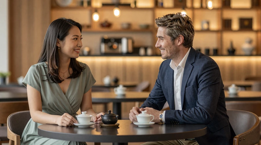 Western man and Asian woman sharing tea at a modern restaurant - asian dating etiquette and cultural customs