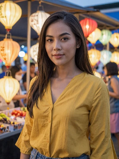Nisa, 28, Thai woman in yellow blouse at a Bangkok night market - intercultural dating