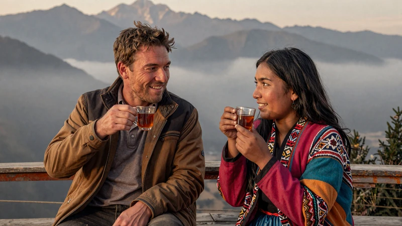 Western man and Bhutanese woman enjoying tea together on mountain terrace representing cross-cultural Bhutanese dating connection