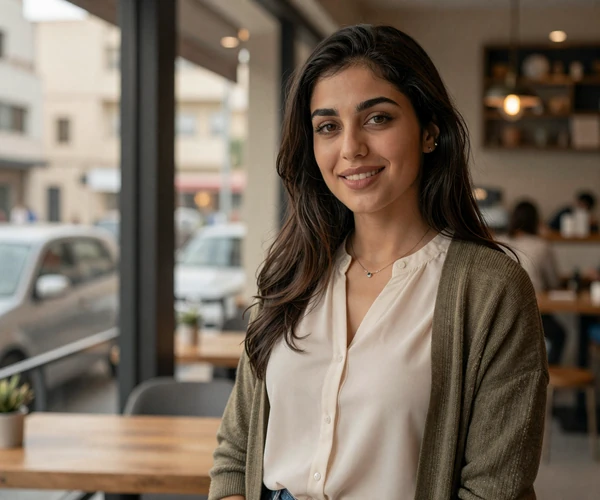 Jordanian woman in elegant everyday clothing smiling warmly representing modern educated Jordanian women dating