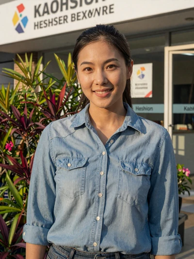 Yi-Chen, 30, verified Taiwanese woman in denim shirt outside a Kaohsiung clinic - verified dating profile