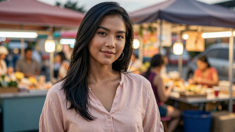 Thai woman smiling at a colorful street food market in Thailand - best country to find an Asian wife