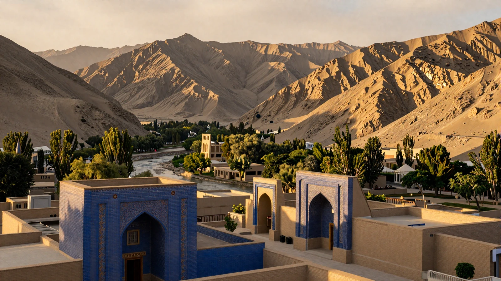 Afghan mountain landscape with ancient architecture and golden sunset representing Afghan women dating culture