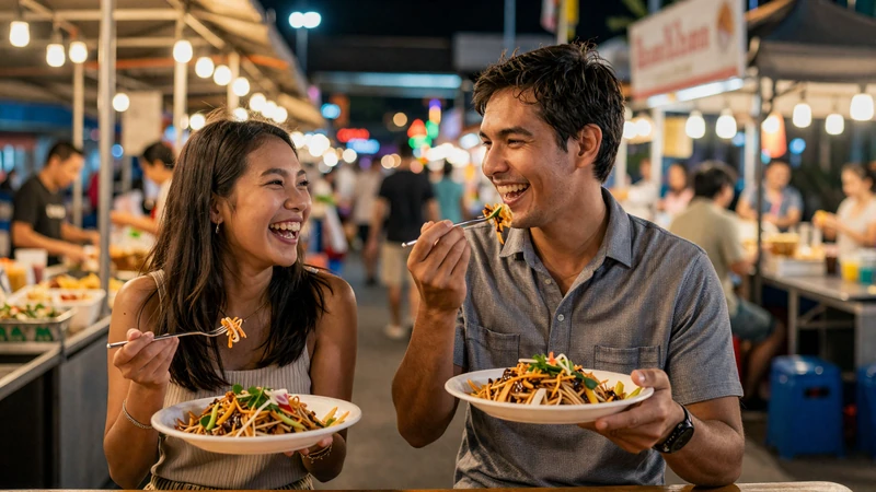 Western man and Thai woman enjoying street food at a Thai night market representing cross-cultural dating experience