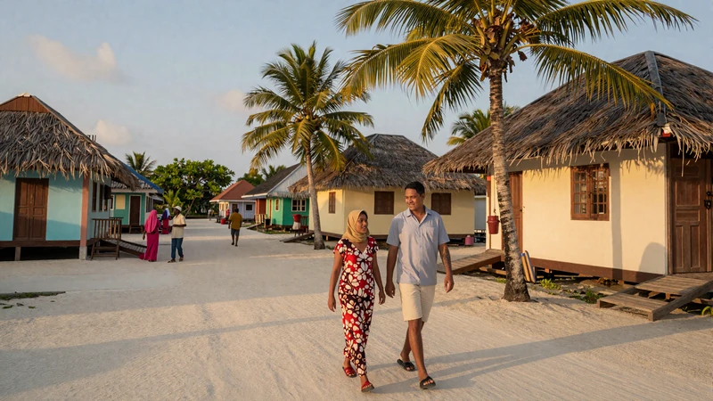 Western man and Maldivian woman walking through traditional island village representing cross-cultural dating in the Maldives