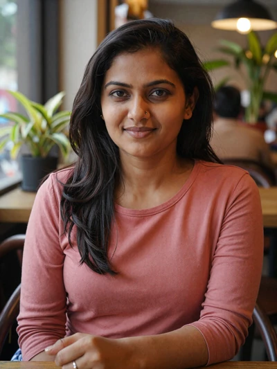 Priya, 31, Indian woman in rose top at Mumbai cafe - Indian dating customs profile