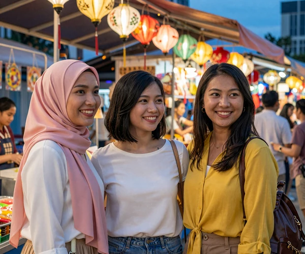 Three Malaysian women of Malay Chinese and Indian backgrounds at night market representing multicultural Malaysian women dating
