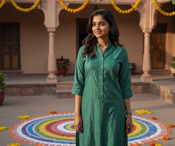 Indian woman in a traditional courtyard with rangoli representing the blend of culture and modern Indian dating values
