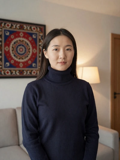 Erdene, 31, Mongolian woman in navy turtleneck in her Ulaanbaatar apartment - Mongolian dating profile