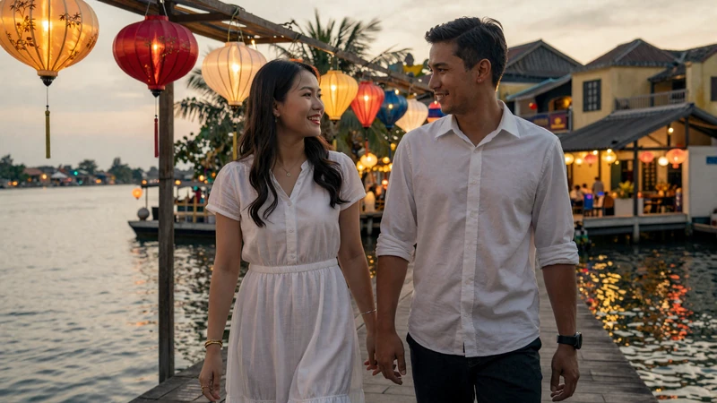 Western man and Vietnamese woman walking together in Hoi An at sunset representing cross-cultural Vietnamese dating