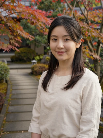 Aiko, 32, Japanese woman in cream blouse in an Osaka garden - Japanese family values dating profile