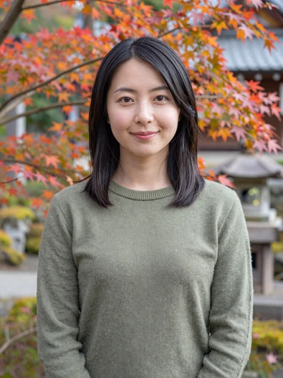 Yuki, 28, Japanese woman in sage green sweater at Yokohama temple garden - meeting Japanese girlfriend first time