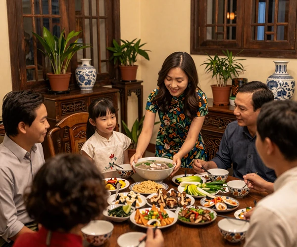 Vietnamese family gathering around a traditional meal representing Vietnamese women family values and dating culture