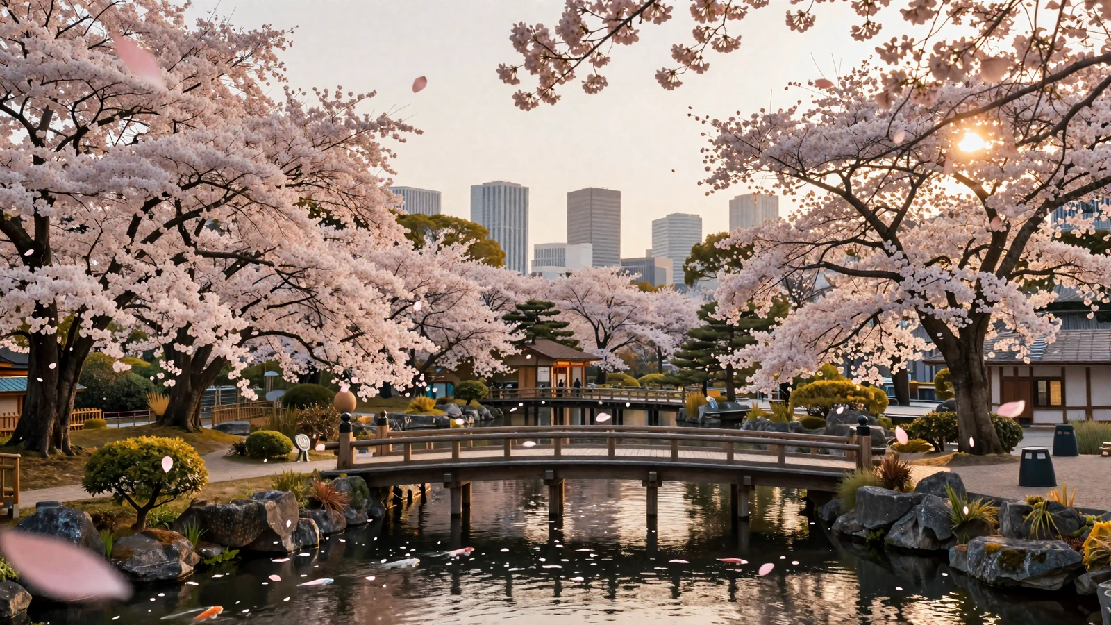 Japanese garden with cherry blossoms and Tokyo skyline representing Japanese women dating culture