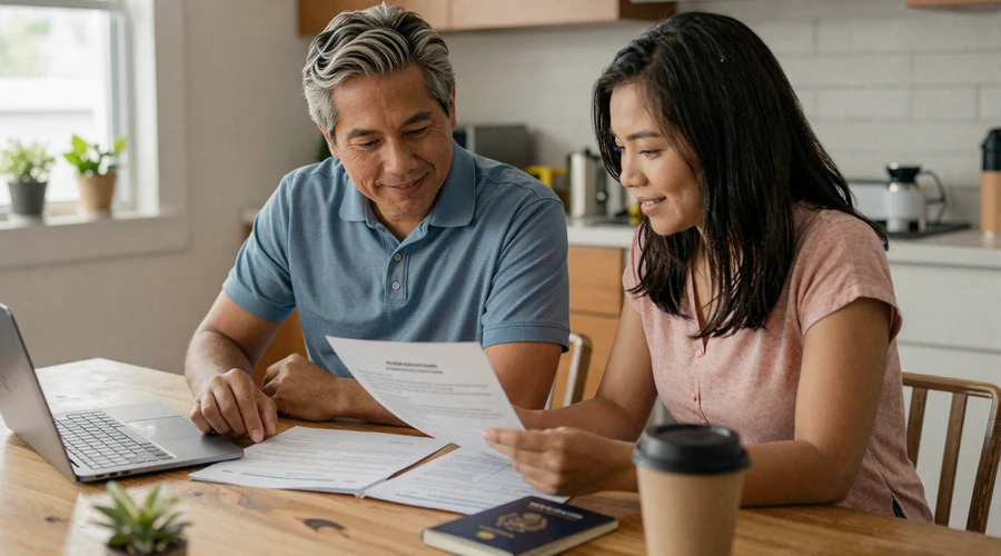 Couple reviewing K-1 visa immigration documents together at home - visa guide for Asian partner relationships