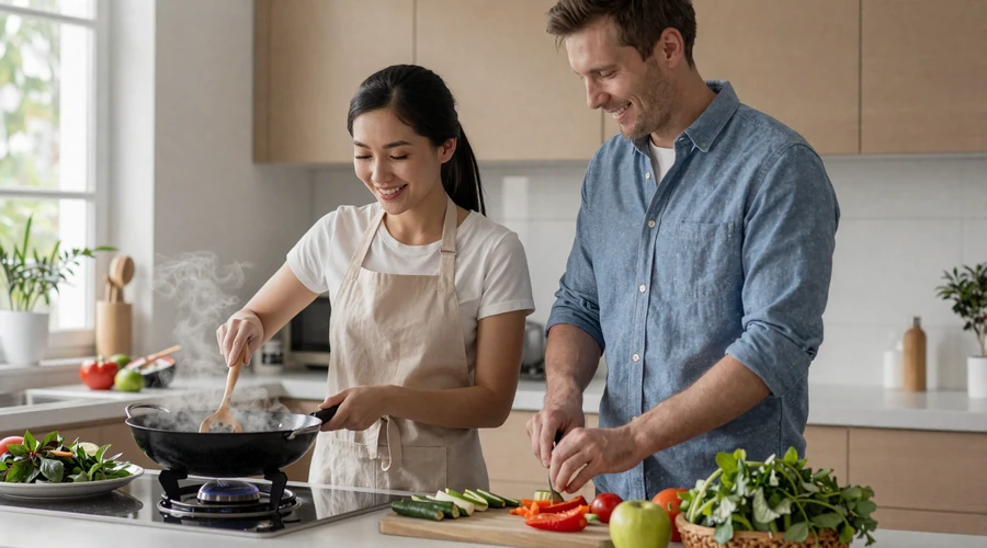 Couple cooking Asian food together in a bright kitchen - asian cuisine as a bridge in cross-cultural dating
