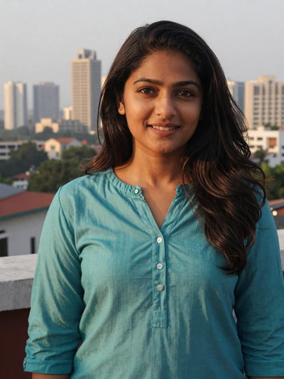 Priya, 29, Indian woman in teal kurta on a Mumbai rooftop - Indian women dating profile
