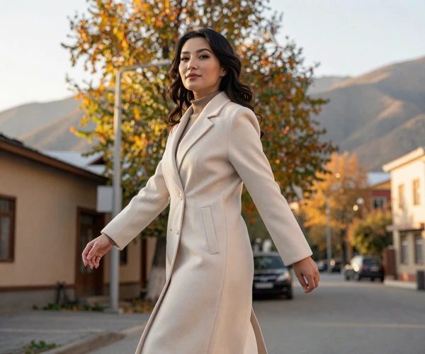 Elegant Kazakh woman in modern outfit walking in Almaty representing the beauty and sophistication central to Kazakh women dating