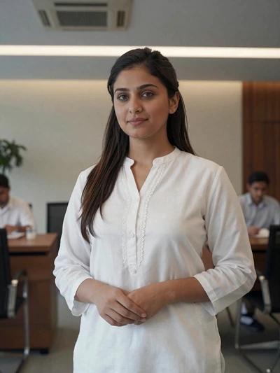 Amara, 27, Pakistani woman in embroidered white kurta in Islamabad office - Pakistani dating profile