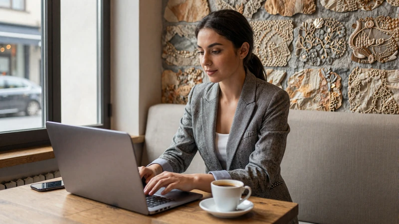 Modern Armenian professional woman working at cafe representing educated ambitious singles in Armenian women dating