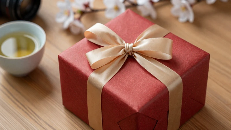 Elegantly wrapped red and gold gift box with green tea - gift-giving customs in Asian dating etiquette