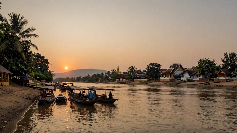 Scenic Mekong river sunset in Luang Prabang Laos with golden temple spires creating a romantic setting for Laotian women dating