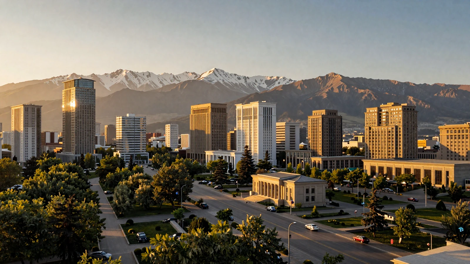 Almaty Kazakhstan cityscape with Tian Shan mountains at golden sunset representing Kazakh women dating opportunities